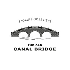 Vintage Retro Silhouette of Old Canal Stone Bridge Logo Design. Brick Bridge Logo Template