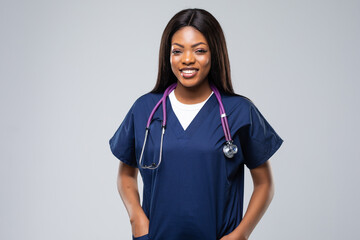 African young doctor woman isolated on white background