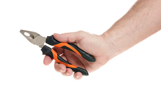Hand holds pliers on a white background, a template for designers.