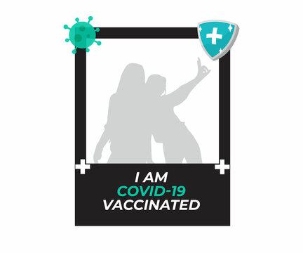 I am covid-19 vaccinated photo booth with coronavirus icon and protective shield. photo booth frame