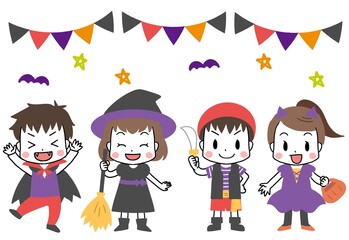 ハロウィンで仮装する子供たち　主線あり