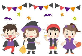 ハロウィンで仮装する子供たち　主線なし