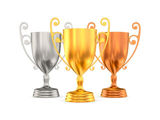 trophy cups on white background. Isolated 3d illustration