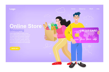 A happy couple is shown after shopping at an online store. The woman holds a bag of groceries while the man holds a large credit card, symbolizing easy digital payment and convenience.