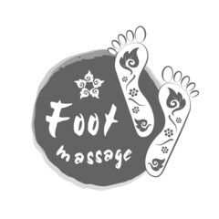 Foot massage stamp with traditional thai ornament. Reflexology.  Foot massage logo vector in gray for your web site design, app, UI.