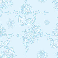 Eastern ethnic style compositions, mehendi, traditional indian henna floral ornament with peacock. Seamless pattern, background in soft pastel colors. Vector illustration..