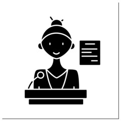 Keynote speaker glyph icon. Talks about important things. Motivation speech. Underlying tone, core messages. Strong successful woman concept.Filled flat sign. Isolated silhouette vector illustration