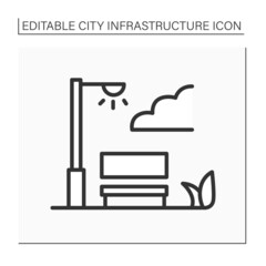 Street lightning line icon. Lighting at night in public places. Illuminate streets, parks. Safety movement at night time. City infrastructure concept. Isolated vector illustrations. Editable stroke