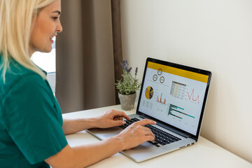 Fototapeta premium businesswoman analyzing statistics on laptop screen, working with financial graphs charts online, using business software for data analysis and project management concept, rear close up view