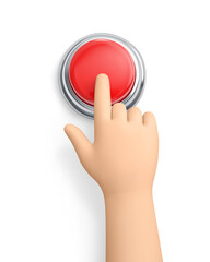 Cartoon hand pressing the red button isolated on white. Clipping path included