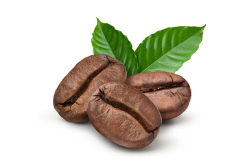 Close-up roasted coffee beans with fresh leaves  isolated on white background