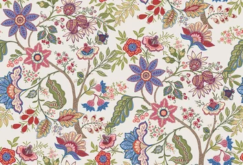 Fotobehang Vintage bloemen Fantasiebloemen in retro, vintage, jacobean-borduurstijl. Naadloze patroon, achtergrond. Vector illustratie. Op legergroene achtergrond.