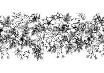 Rose hips with flowers and berries seamless pattern. Graphic drawing, engraving style. Vector illustration in black color on white background