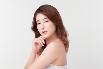 Fototapeta premium Beautiful young asian woman with clean fresh skin on white background, Face care, Facial treatment, Cosmetology, beauty and spa, Asian women portrait.