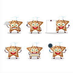Cartoon character of gingerbread star with various chef emoticons