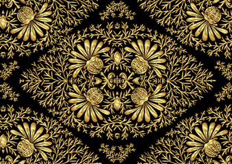 Tradition floral seamless pattern, damask vintage ornament. Royal victorian flourish wallpapper, luxury textile. Embroidery imitation in gold and black. Vector illustration.