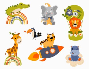 Cute set of illustrations of animals for nursery, characters for children. White background, isolate. Vector illustration.