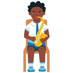 Saxophonist. African American boy playing the saxophone. Vector. Cartoon style. Learning to play a musical instrument. School and education concept.