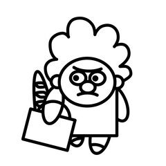 Old woman is walking with a loaf of bread. Her hair is gray, her face is serious. Funny cartoon illustration outline