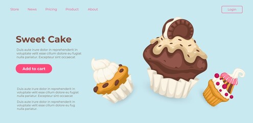 Sweet cake, cupcakes and muffins in online store