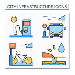 City infrastructure color icons set. Bicycle parking, charging station, bus stop, drainage. Industrialization Isolated vector illustrations
