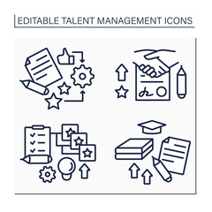 Talent management line icons set. Agreement, training, self-improving, competency models. Improving business performance concept. Isolated vector illustrations. Editable stroke