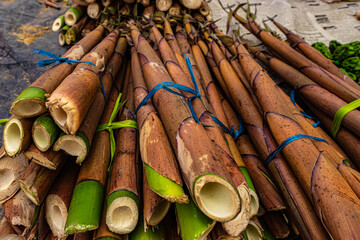 pills of bamboo trunk edible sticks many for sale from low angle at day