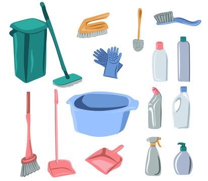 Cleaning service tools set. Household items for cleaning and washing. Vector illustration isolated on white background.
