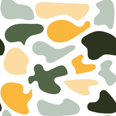 Yellow and green seamless pattern. Hand drawn various shapes and doodle objects. Abstract contemporary modern trendy vector illustration. Stamp texture. Every pattern is isolated. Vector illustration
