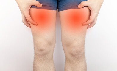 The man is holding on to his thigh. Muscle rupture, tendon sprains, ligament microfractures and...