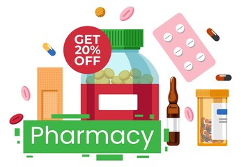 Fototapeta premium Pharmacy store 20 percent off price reduction