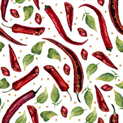 Watercolor seamless chili pepper pattern. Textile ornament. Fabric design with vegetables and leaves. Botanical illustration, isolated on white background. Raster stock image in realism.