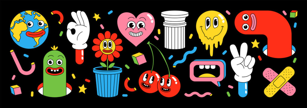 Naklejka Sticker pack of funny cartoon characters. Vector illustration of comic heart, patch, earth, berry, abstract faces etc.