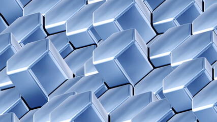 Silver blue 3D hexagons geometric background, lustrous chrome metallic shapes stacks, render technology illustration.