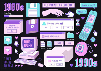 Sticker pack of retro pc elements. Old computer aestethic 1980s -1990s. - obrazy, fototapety, plakaty