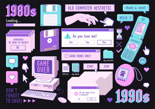 Sticker pack of retro pc elements. Old computer aestethic 1980s -1990s.
