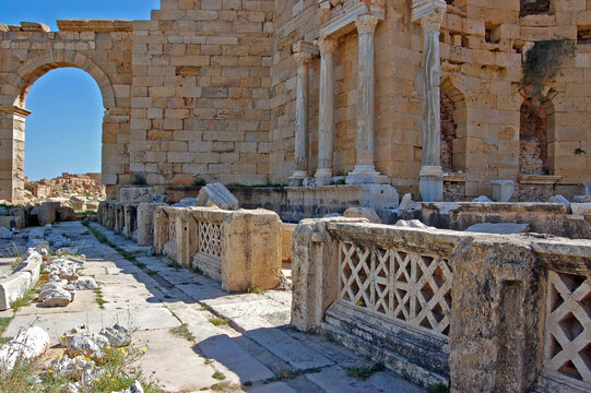 Ancient street in Roman city of Leptis Magna, Libya