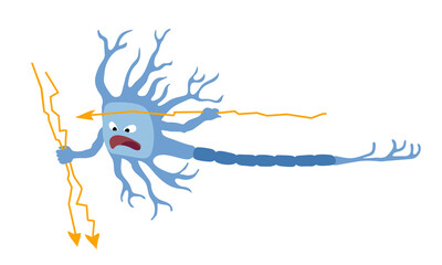 an aggressive neuron with lightning bolts, a brain cell under stress, the concept of a nervous breakdown, color vector illustration isolated on a white background in a cartoon style and a flat design - obrazy, fototapety, plakaty