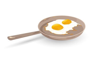 Pan with cooked eggs served for breakfast time. Vector morning meal, egg white and yolk, quick snack, organic product, food design. Isolated on white background