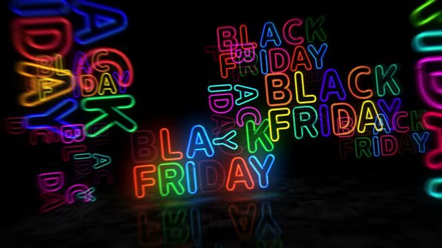 Black Friday neon symbol. Light color bulbs. Sale and discount promotion retail abstract seamless and loopable concept. 3d flying through the tunnel loop animation.