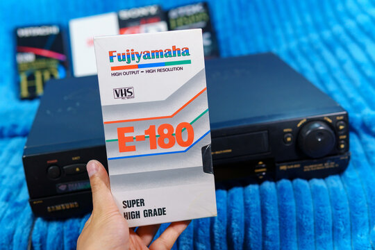 Tyumen, Russia-July 25, 2021: Old video cassettes of fujiyamaha. Selective focus