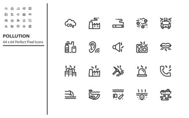 set of pollution line icons, emission, water pollution, air pollution, noise