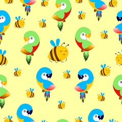 Seamless pattern with ara parrots and flying bees. Blue, yellow, green, pink, red. Yellow background. Cartoon style. Cute and funny. For kids post cards, stationery, wallpaper, textile, wrapping paper