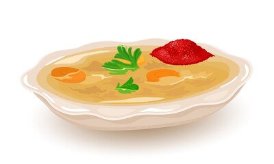 Ukrainian dish headcheese with horseradish served in plate. Vector twigs of greenery, cold and jelly portion, national food, homemade design. Isolated on white background