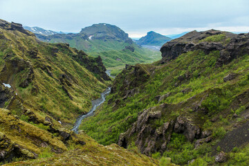 Naklejka premium View into the valley of Thorsmoerk, Fimmvorduhals hiking trail, Iceland
