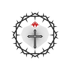 Christian illustration. Church logo. The cross of Jesus framed with a crown of thorns.