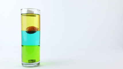 Liquid or layer density experiment using 3 separate layers consisting of syrup, water and olive oil on the top layer.  There are objects used for testing such as metal, strawberry and styrofoam.