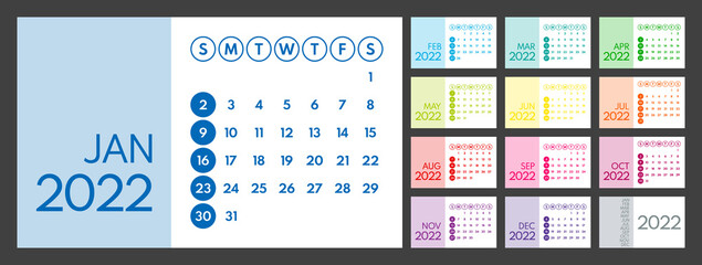2022 colorful monthly full year calendar layout, printable vector template, sunday first