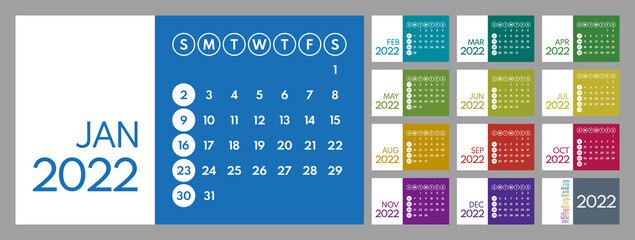 2022 colorful monthly full year calendar layout, printable vector template, sunday first