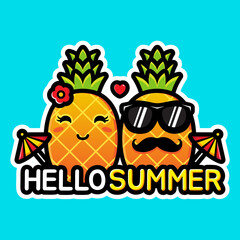 pineapple fruit couple cartoon vector design on hello summer greeting card